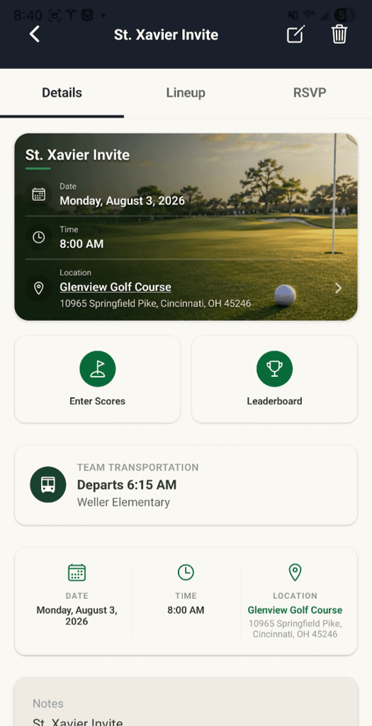 An event page in the App: details, lineup and RSVP tabs, score entry and leaderboard, and team transportation