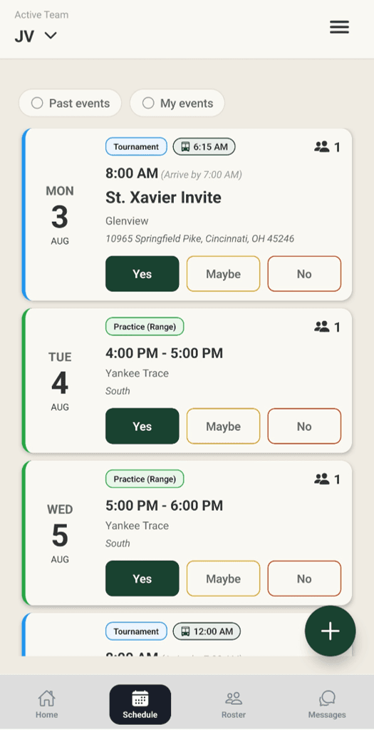 The App's schedule feed: a tournament with bus departure chip and arrive-by time, range practices, and one-tap RSVP on every card